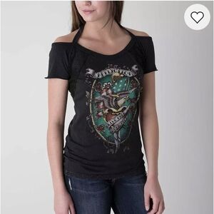 Womens Affliction Inked Pledge T-Shirt Cold Shoulder Size Small